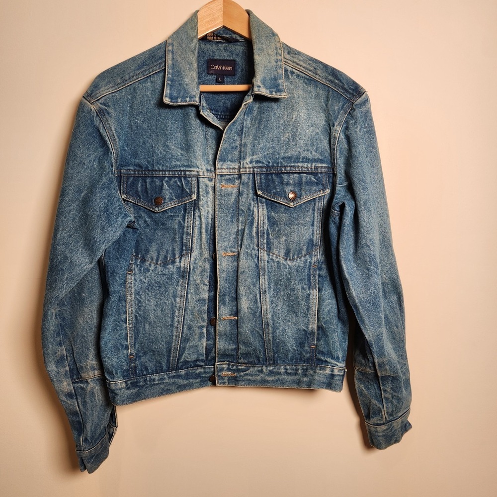 VTG 90s Calvin Klein Denim Trucker Jacket Large L MN C1201 Distressed Acid Wash